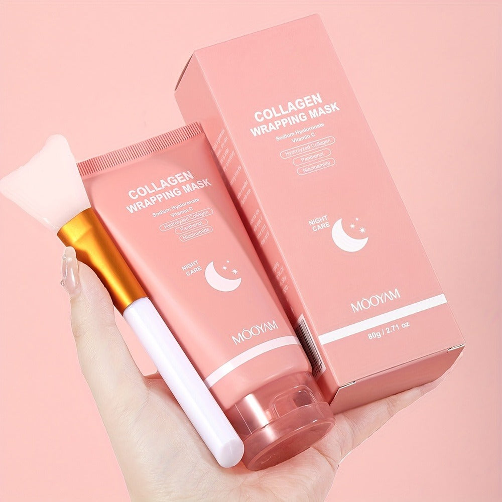 2pcs/3pcs Collagen Night Mask with Brush - Elasticity and Moisturizing Care, Contains Hydrolyzed Collagen, Niacinamide, Sodium Hyaluronate and Vitamin C - Korean Skincare Product Formulas, 2. 71oz