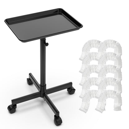 Rolling Salon Tray Cart Adjustable Height with 10 Disposable Covers - Dirt-Proof Mobile Utility Trolley for Tattoo, Spa, Salon, Clinic & Hairstylist, Stylish Black