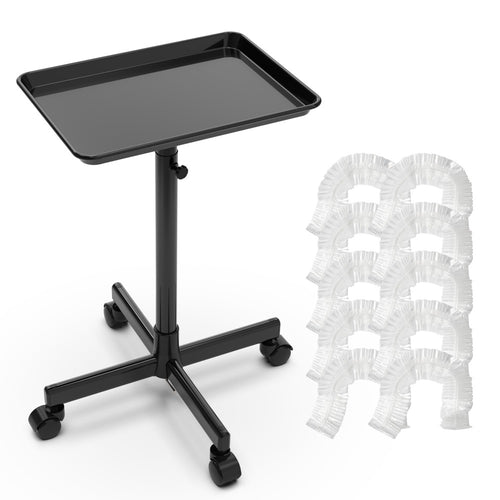 Rolling Salon Tray Cart Adjustable Height with 10 Disposable Covers - Dirt-Proof Mobile Utility Trolley for Tattoo, Spa, Salon, Clinic & Hairstylist, Stylish Black