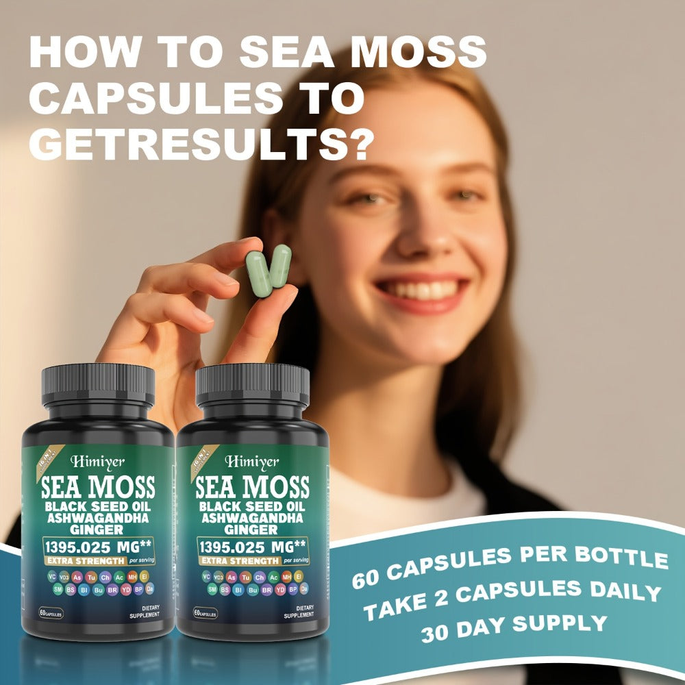 3Packs Sea Moss Capsules W/ Black Seed Oil, Ashwagandha & Turmeric - 90mg Vitamin C & D3 for Vitamin Support - Natural Supplement. Health & Energy. Sea Moss Bladderwrack Burdock Mlultimineral Blend Apple Cider Vinegar ManukaHoney Ginger...