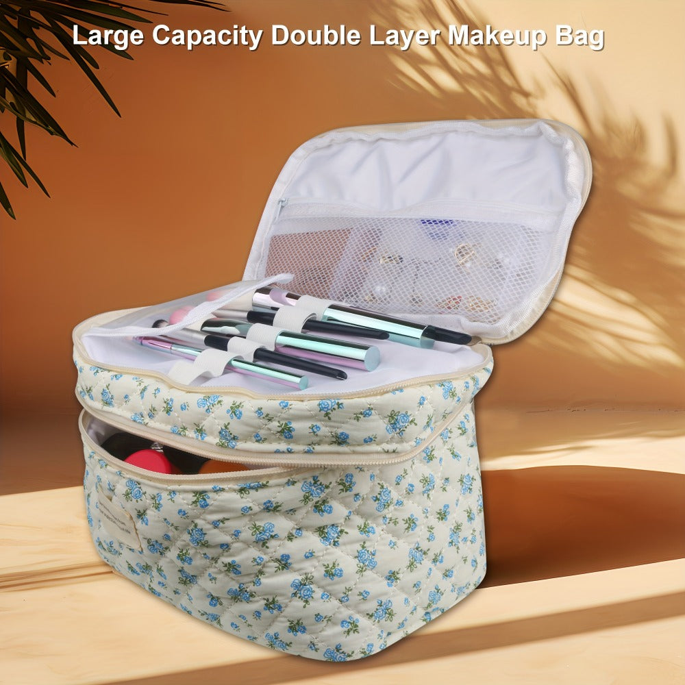 Large Capacity Dual Layer Cotton Makeup Cosmetic Bag (3PCS), Cute Quilted Travel Coquette Aesthetic Floral Make up Bag for Women Toiletry Bag