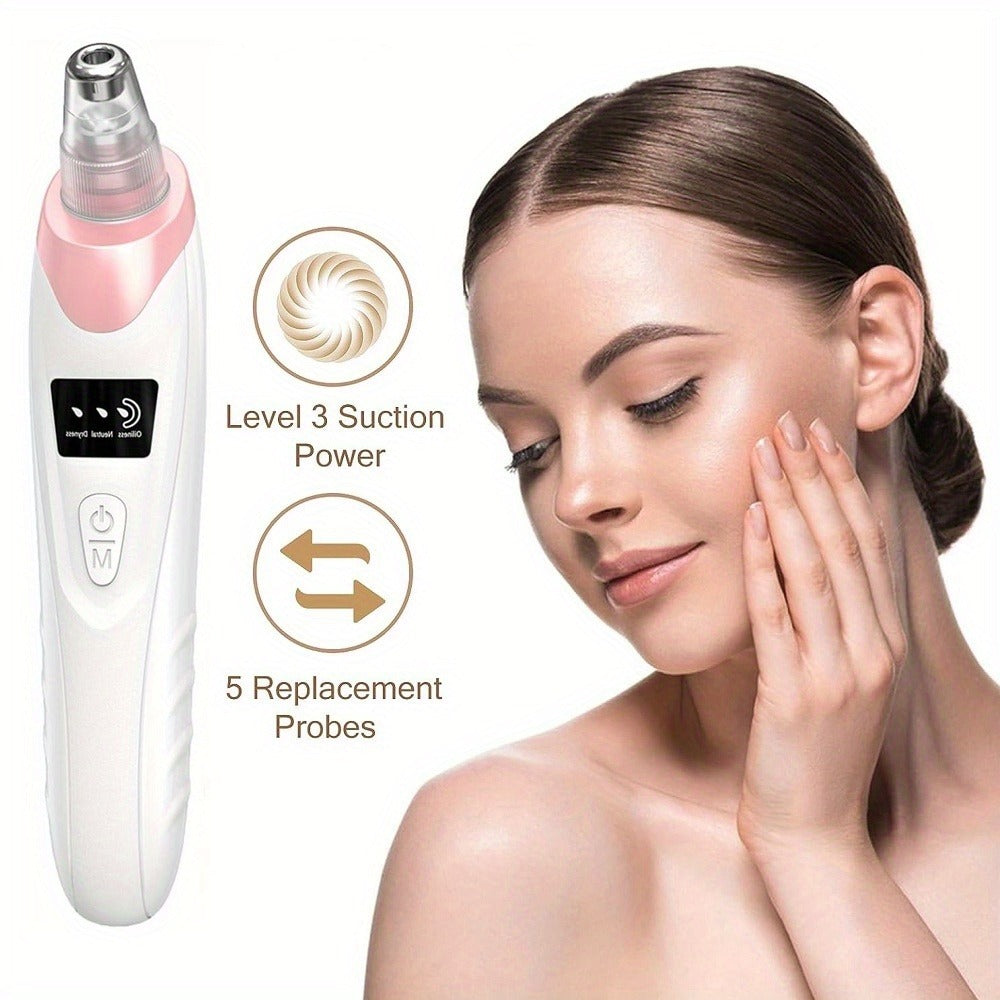 Blackhead Remover - 3 Adjustable Suction Power Levels, 4 Blackhead Remover Tools, 5 Replaceable Probes, USB Rechargeable, Easy to Use And Clean, Gift for Women