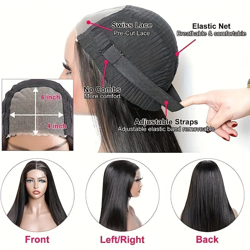 Glueless Wear and Go Wigs Human Hair Pre Plucked 200% Density Pre Cut Lace Free Part Glueless Wear and Go Wig HD Straight 4x4 wig human hair for Women Real No Glue Ready to Wear Wigs for Women