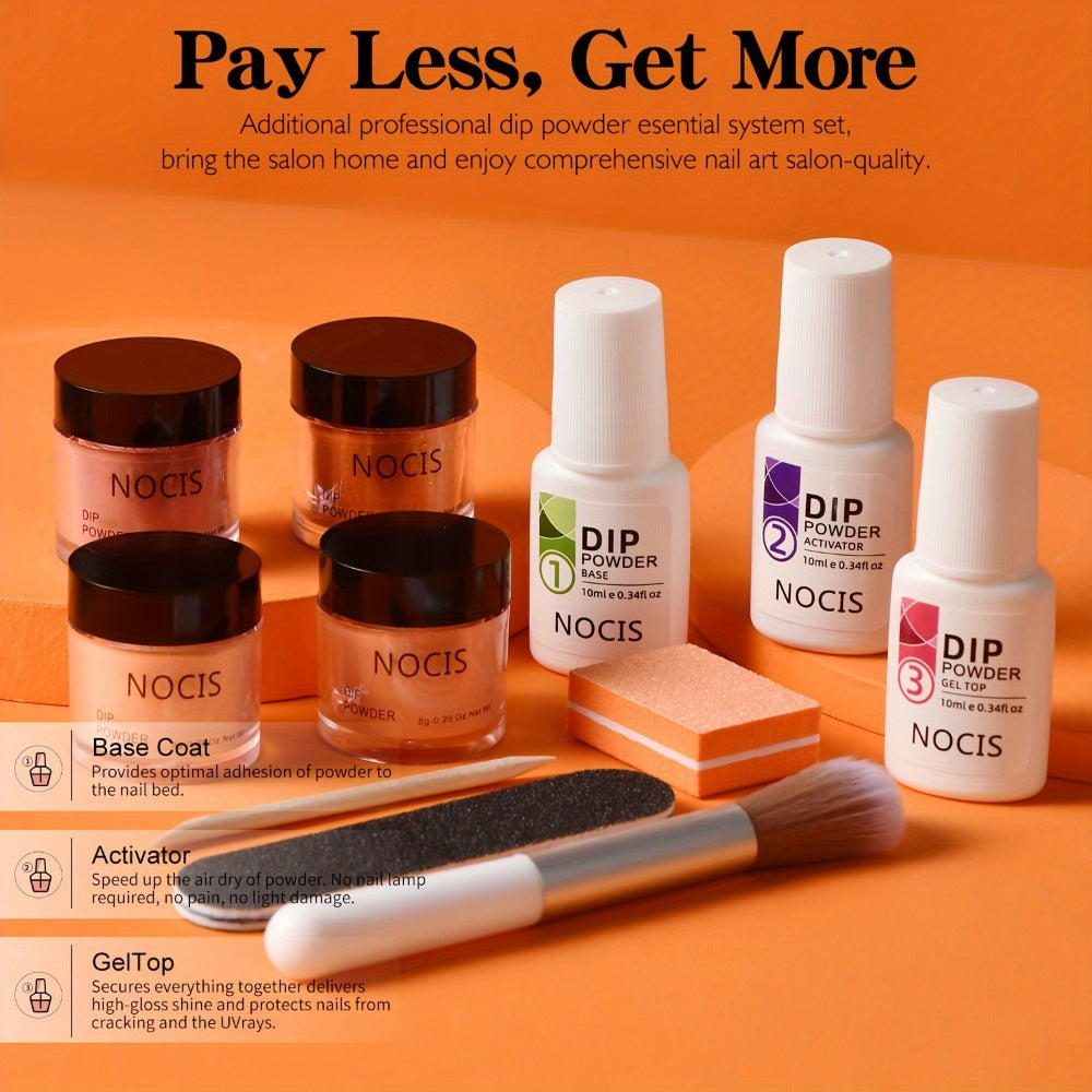 NOCIS Dip Nails Starter Kit! Create hauntingly beautiful Halloween nail art with ease. Kit includes Nail Sticks, Base/Top Coat, Activator, and Essential Liquids for a DIY salon manicure. Get ready for a fang-tastic Halloween!