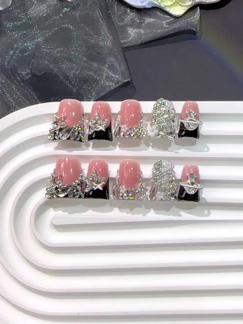 Black French Press On Nails 10pcs Short Duckbill Silvery Snake Full Diamond Shiny Stars Handmade Reusable UV Protected Salon Quality for Wedding Party Birthday Gift False Nails S M L