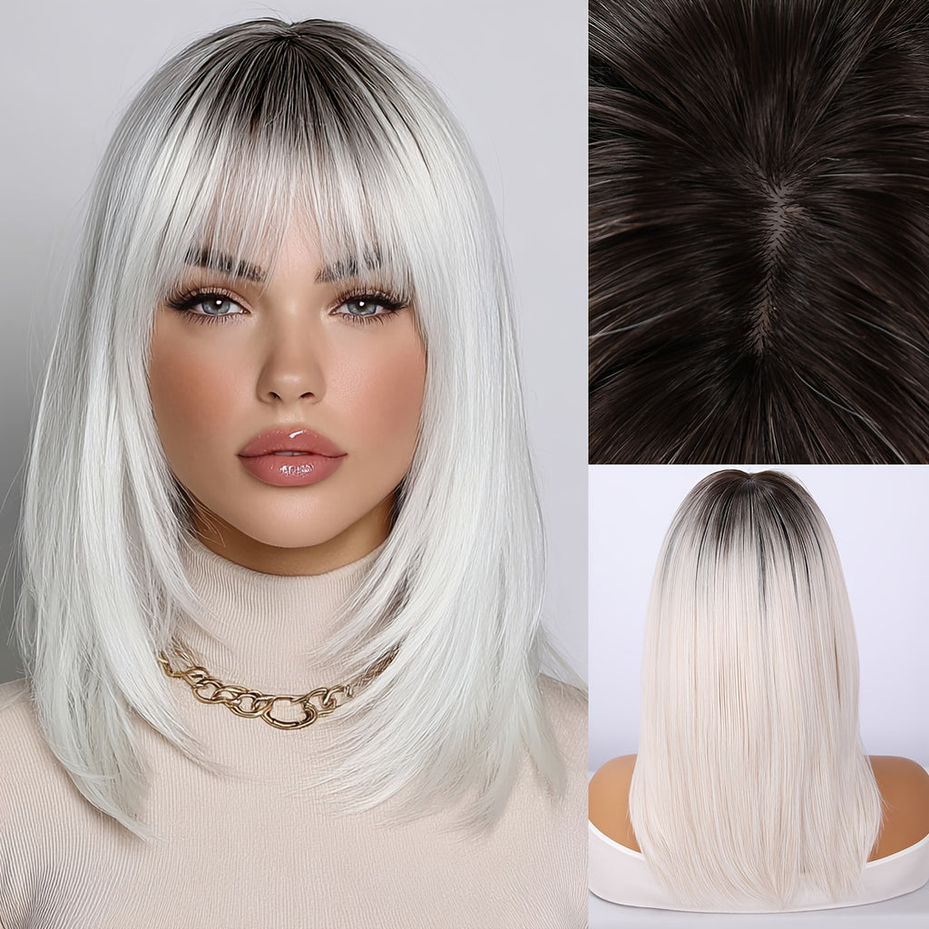 White Gradient Straight Hair Women's Glue-free Wig | with Bangs Simulation Craft Natural & Smooth | Paste-free Invisible Realistic Smooth & Easy to Maintain | Daily Commute & Date Styling Choice