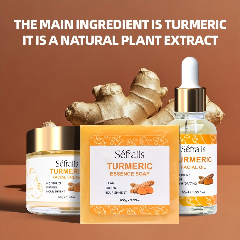 Sefralls Turmeric 3pcs/Set, Includes Turmeric Facial Cream, Turmeric Essential Soap, Turmeric Facial Essential Oil, Deeply Cleans Facial Pores, Moisturizes The Skin, Gently Balances Oil, Rich In Turmeric Extract, The Best Gift - Essential for Travel