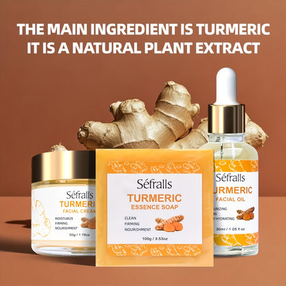 Turmeric Face Cream Set 3Pcs - Facial Cream Soap Essential Oil Skincare Kit Deep Pore Cleansing Moisturizing Oil Control Rich in Turmeric Extract Travel Gift Set