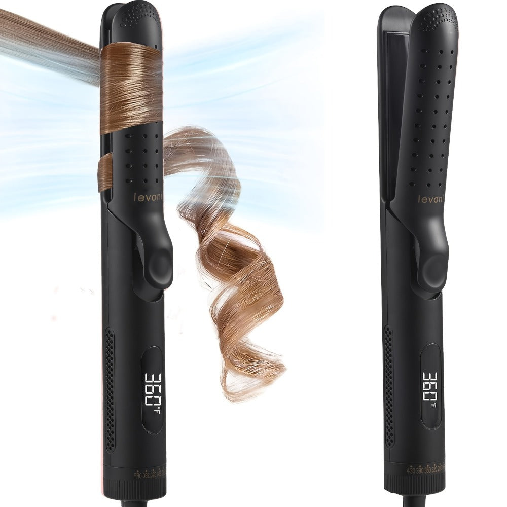 2-in-1 Pink Heated Curling Iron, Flat Iron and Curler, Heat-Free Curling Iron, 360° Adjustable, 5-Level Hot/Cold Air Adjustment, Fast & Dual Voltage, for Long and Short Hair