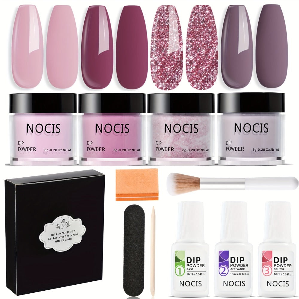 NOCIS Dip Powder Nail Kit Starter, 4 Colors Nude Pinkish Glitters Acrylic Dipping Powder System Liquid Set with Base/Top Coat Activator for French Nail Art Manicure Salon All-in-One Beginner Extension Kit