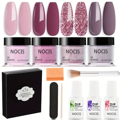 Dip Powder Nail Kit 4 Colors Nude Pink Glitter with Base Top Coat Activator All-in-One Beginner Starter Set French Nail Art Manicure Salon