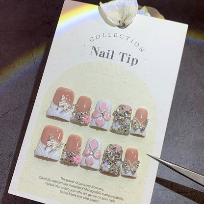 False Nails Short Duckbill White French – Golden Glitter Butterfly & Hand-Carved Flower | Gorgeous Handmade Nail Art for Wedding, Party & Daily Wear, 10pcs S/M/L