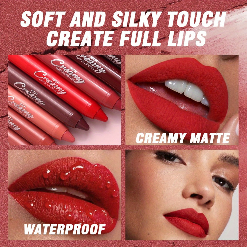 Matte Lipstick Pen Set 6PCS - Waterproof Long-Lasting Nude & Red Lip Color with Lip Liner, Non-Transfer Crayon Formula, Contour Lip Tint Makeup for Women, Sexy Matte Finish