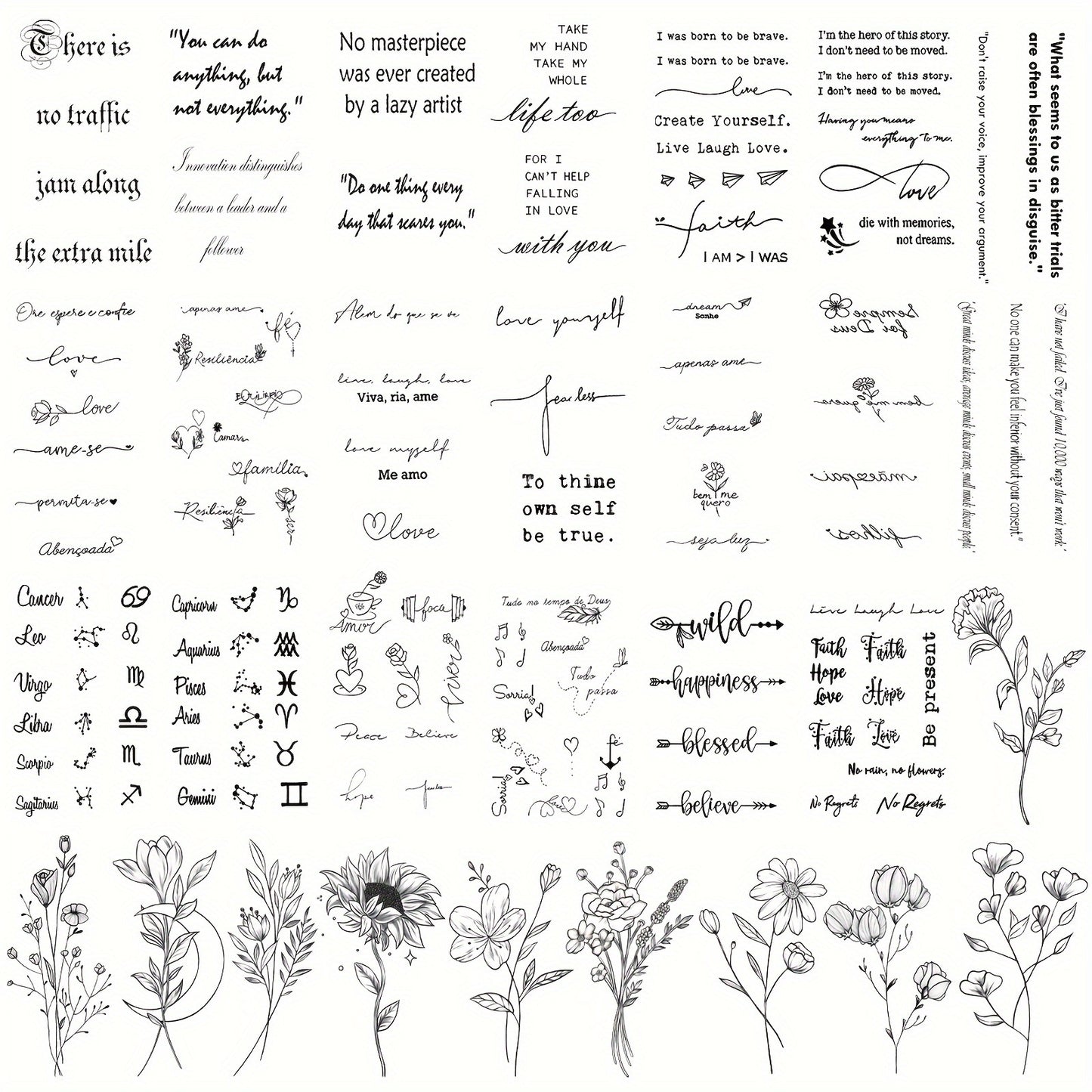 Temporary Tattoos Waterproof 30 Sheets Realistic Floral & Letter Designs, Fake Tattoo Stickers for Women Men Kids Body Art Face Neck Arm — Safe for All Skin Types
