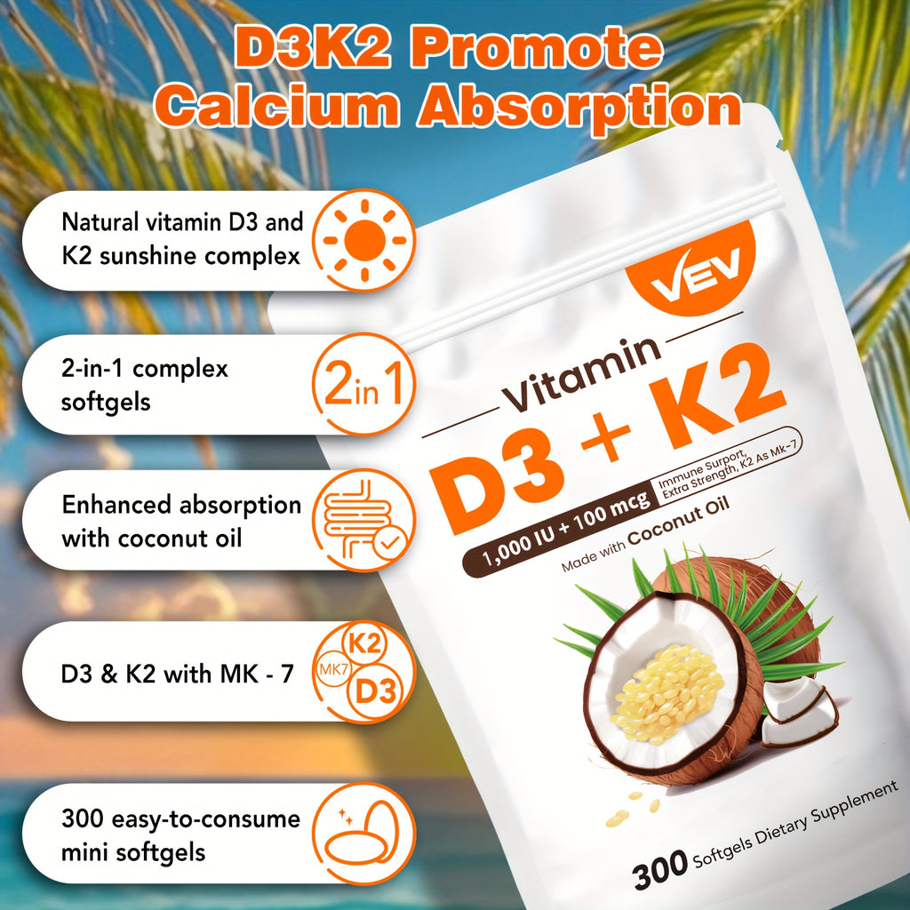 Vitamin D3 + K2 (MK-7) Supplement -1, 000 IU D3 & 100 Mcg K2 -with Coconut Oil -300 Softgels -Immune & Bone Support -for Active Lifestyles & Daily Wellness | Vitamins And Supplements | Local Warehouse, Free Shipping On Orders Over $30