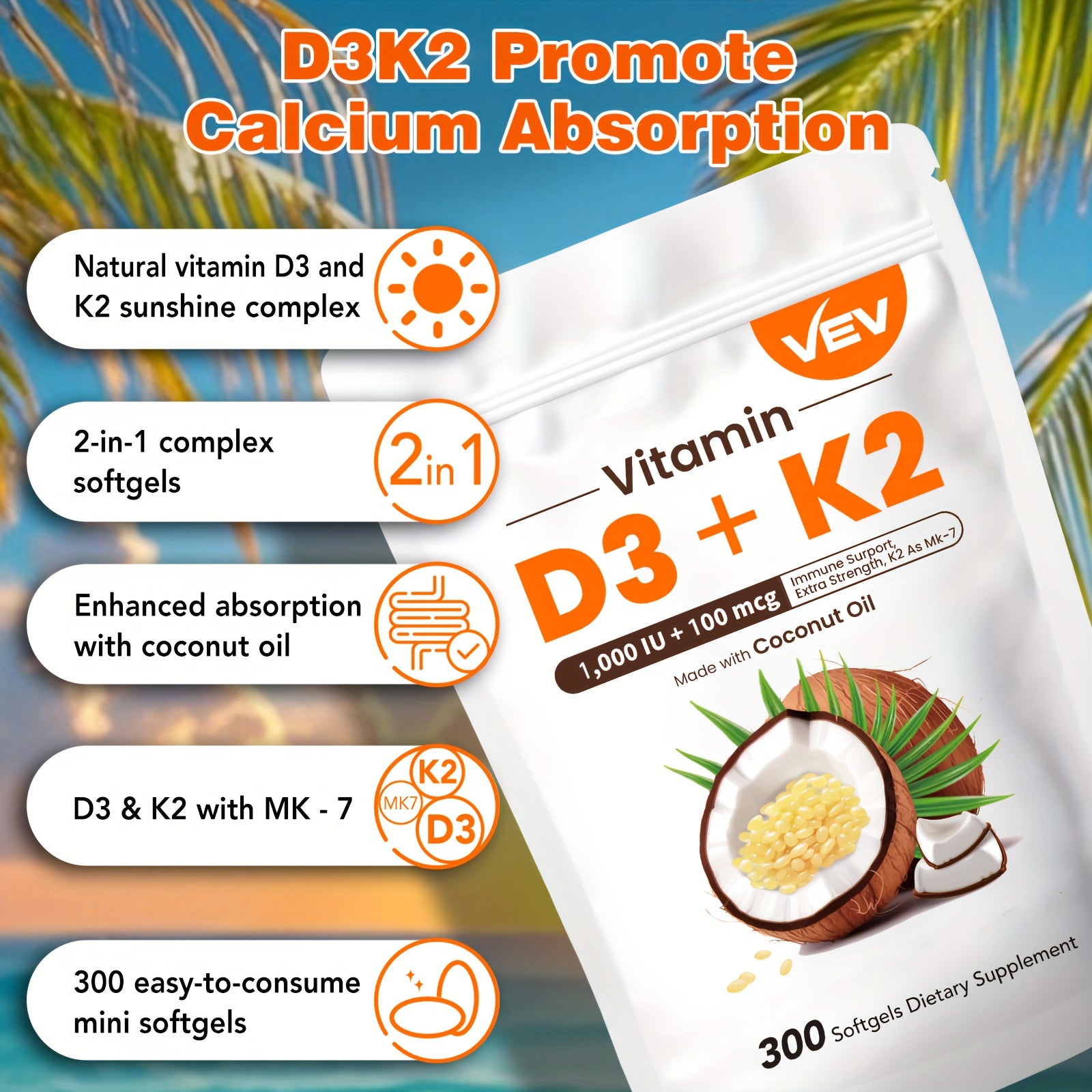Vitamin D3 + K2 (MK-7) Supplement -1, 000 IU D3 & 100 Mcg K2 -with Coconut Oil -300 Softgels -Immune & Bone Support -for Active Lifestyles & Daily Wellness | Vitamins And Supplements | Local Warehouse, Free Shipping On Orders Over $30