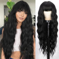 Daily Wear Wig| Elegant 28" Black Body Wave Wig with Bangs - Heat-Resistant Synthetic Curly Fashion Wig for Women, Natural Look for Daily Use & Holiday Parties, Wig Accessories