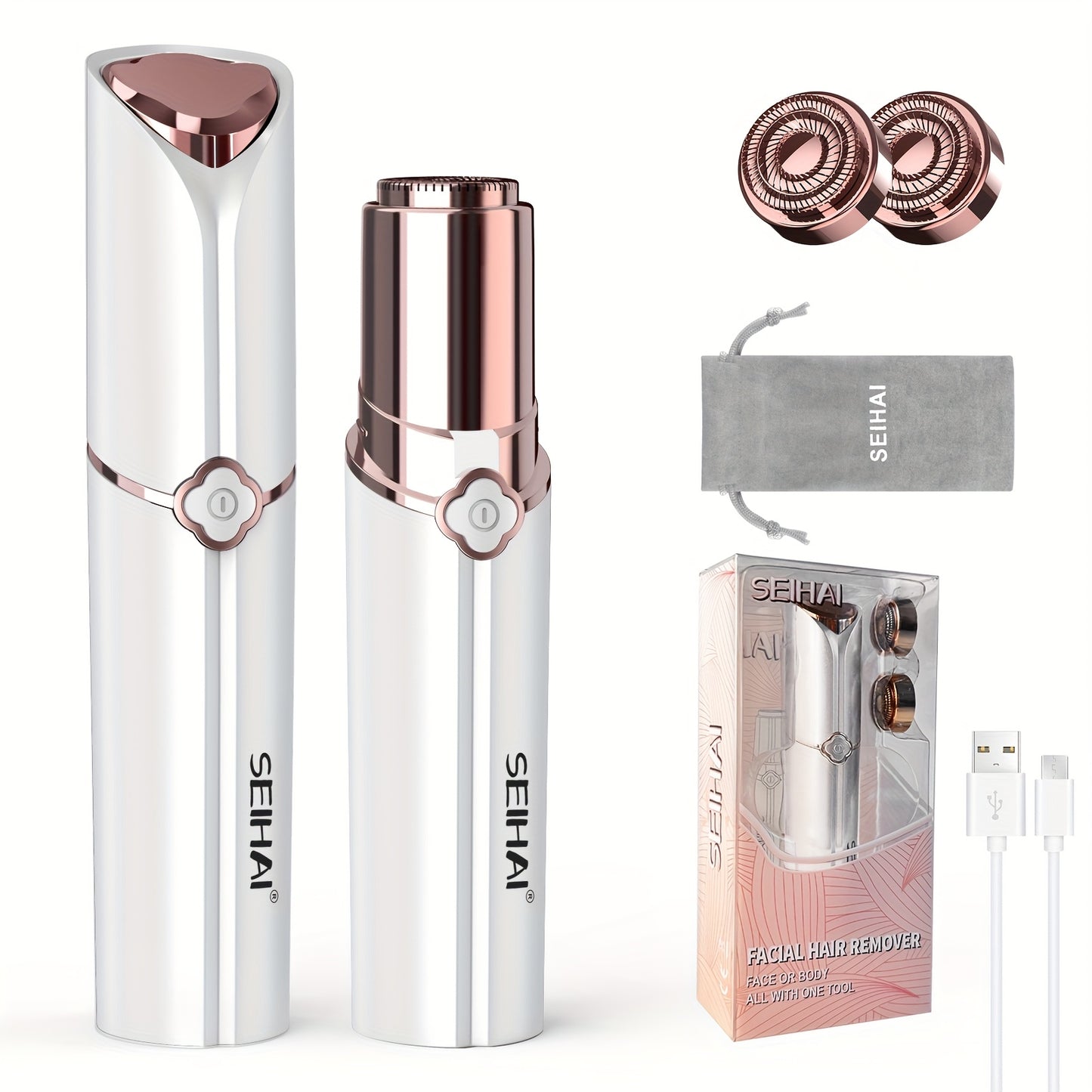 Electric Facial Shaver for Women USB Rechargeable Epilator Hair Remover for Face Bikini Legs Arms Underarms Portable Body Trimmer with Velvet Pouch 2 Replacement Heads Travel-Ready