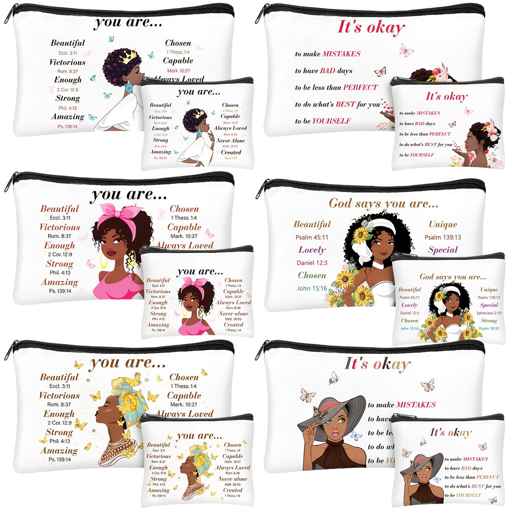 12pcs African American Makeup Bag Black Women Makeup Bag Inspirational Gift Bag African Queen Zipper Travel Bag Wallet Toilet Storage Bag, 8.3 X 5.1 Inches, 4.3 X 3.5 Inches (Classic)