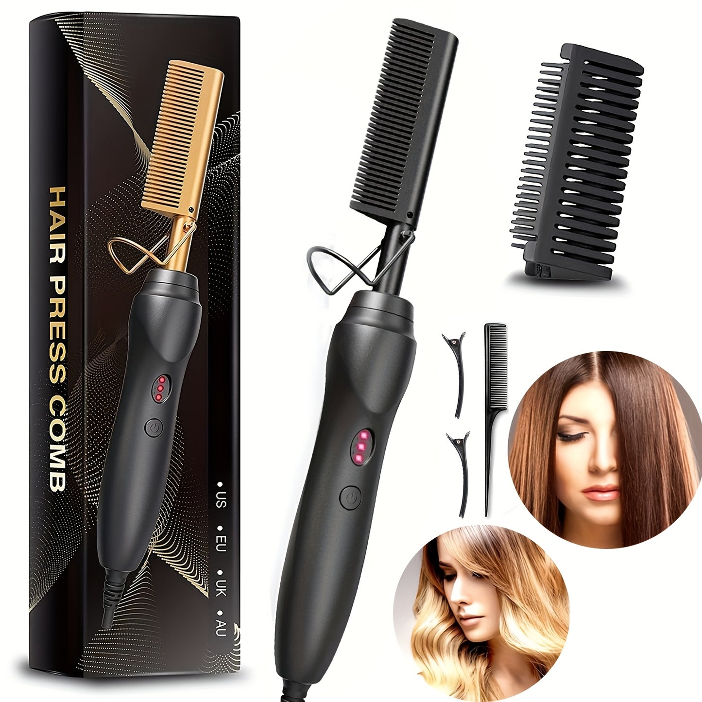 Hot Comb Hair Straightener Electric Ceramic – Portable Travel Anti-Burn Press Comb for Hair & Beard Straightening – Pink, Gold, Black, Gradient, Avocado Green