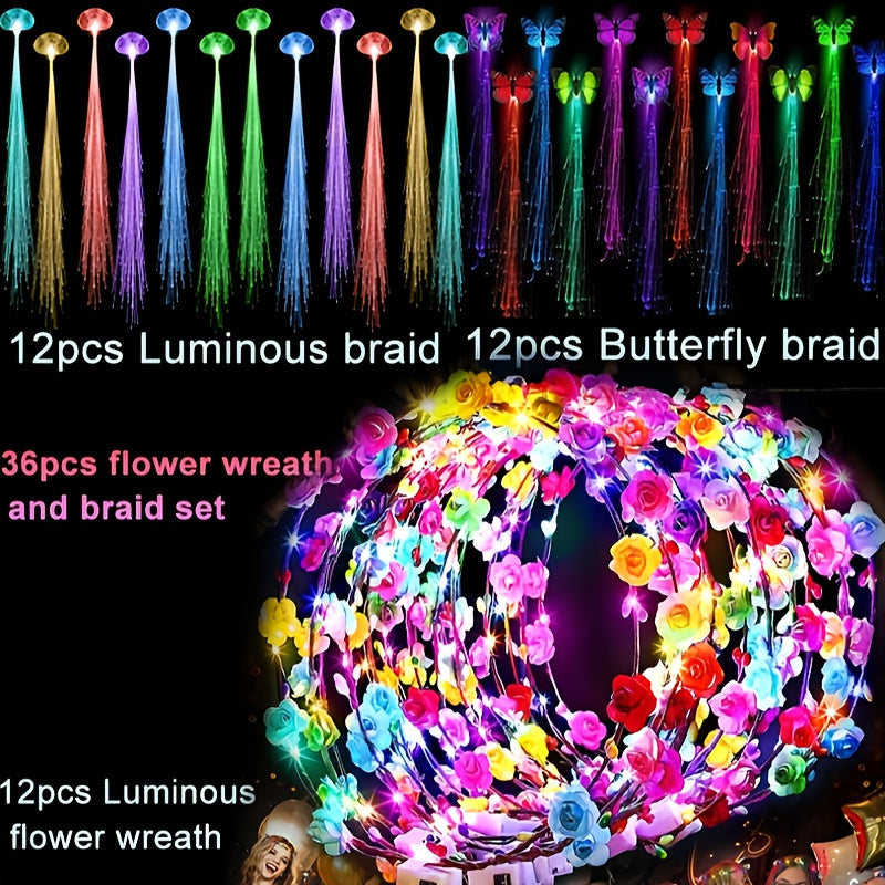LED Flower Crown Headbands 36 Pack Light Up Floral Headband Fiber Optic Glow Party Favors for Women Girls Wedding Birthday Halloween Mardi Gras Cosplay Beach Festival Tiara Accessories