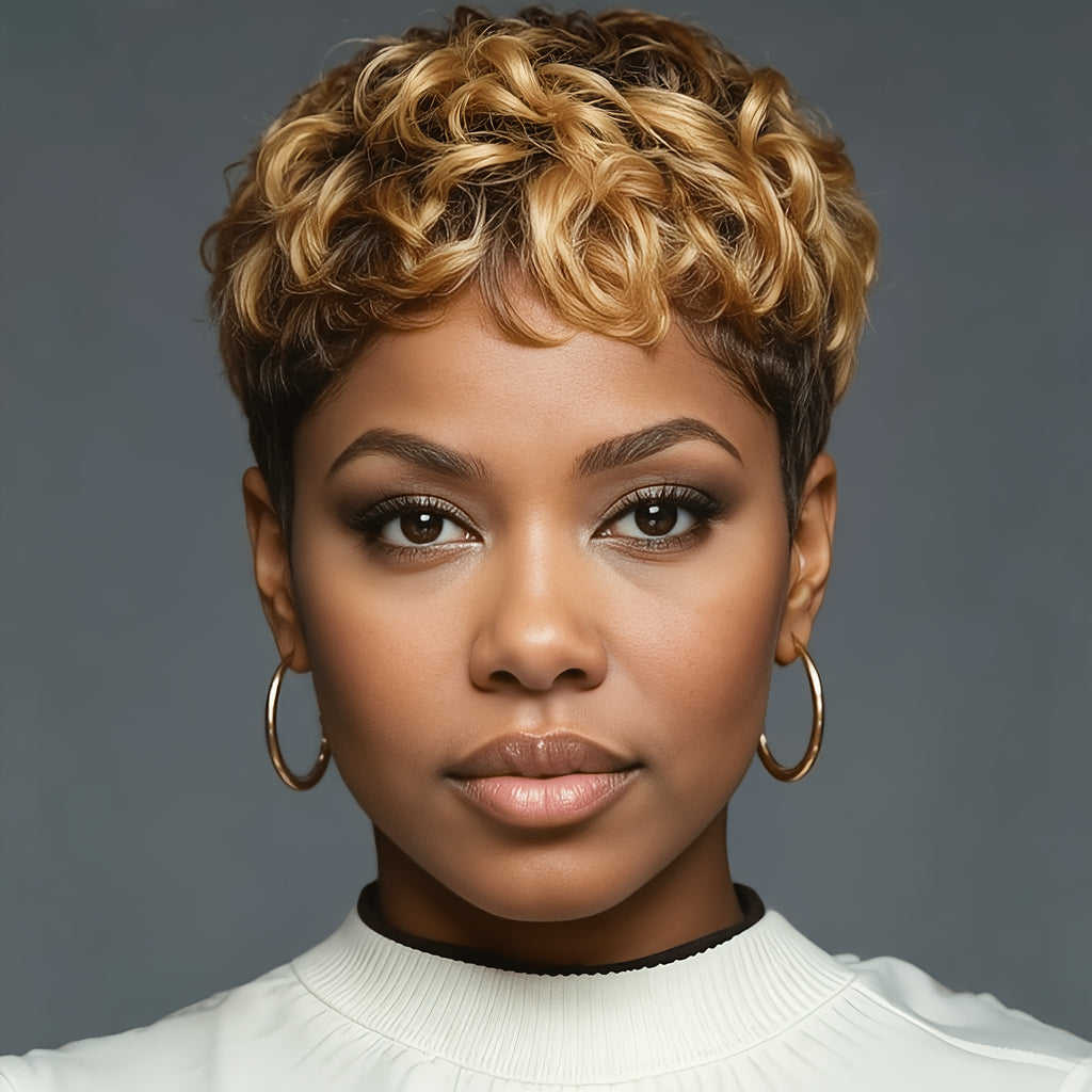 Nicelatus Short Mixed Blonde Wig Featuring Short Curly Styles And a Pixie Cut, Complete with Curly Bangs. These Synthetic Wigs Are Perfect for Women And Ideal for Occasions Like Halloween, Christmas Parties, And Music Festivals