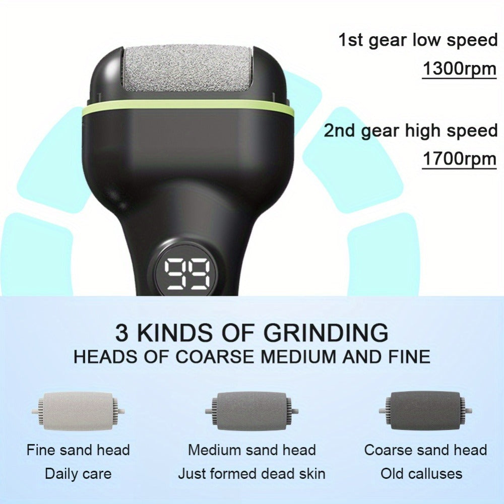 Rechargeable Electric Foot Remover with 3 Grinding Heads - Electronic Foot File, LCD Display & Portable Pedicure Suitable for Dead Skin Removal, Ideal for & - Ideal Gift for Athletes,, (No Adapter)
