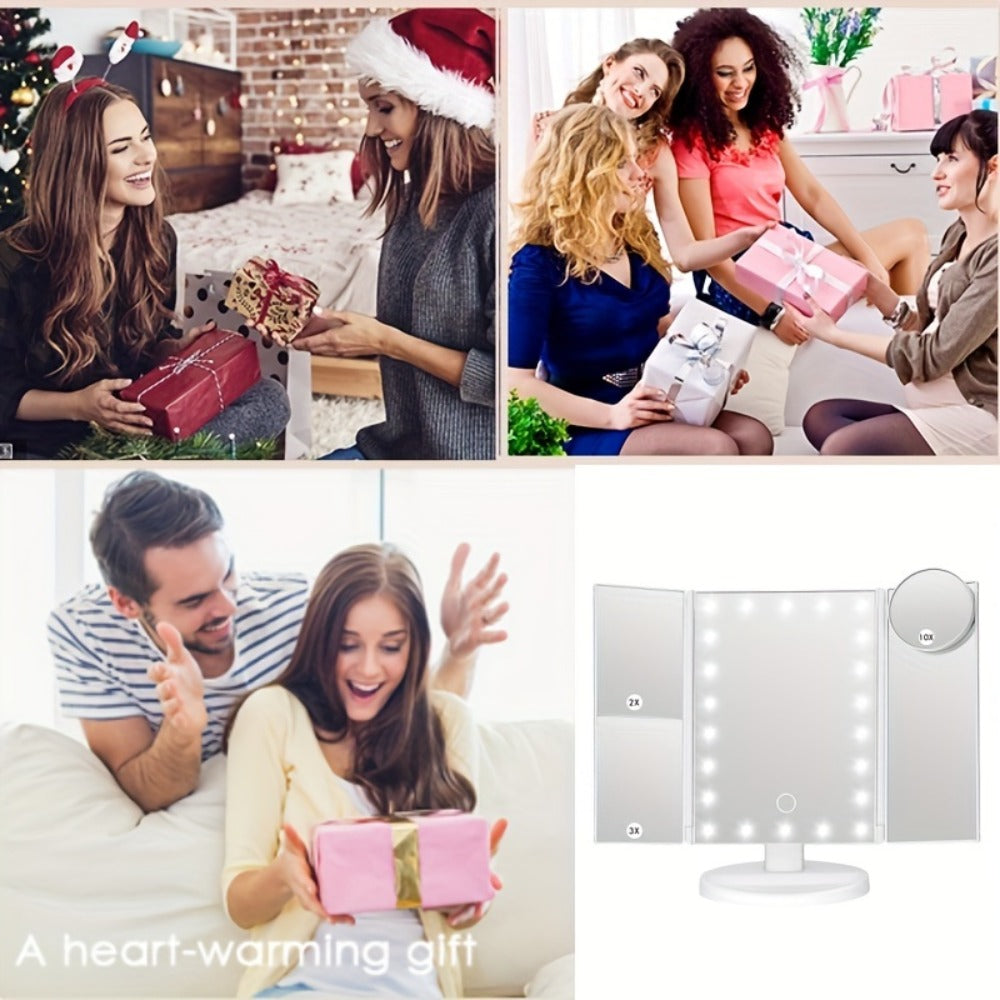 LED Trifold Mirror with Magnifying Mirror, Lighted Cosmetic Mirror Dressing Mirror, Bathroom Adjustable Brightness Mirror, 1X/2X/3X/10X Magnification And Touch Screen Trifold Cosmetic Mirror, Two Power Modes