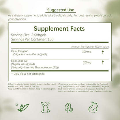 Oil of Oregano Softgels 300 Count - 2-in-1 Formula with Black Seed Oil 200mg 4X Strength Carvacrol & Thymoquinone - Plant-Based Immune Support Supplement Gluten Free