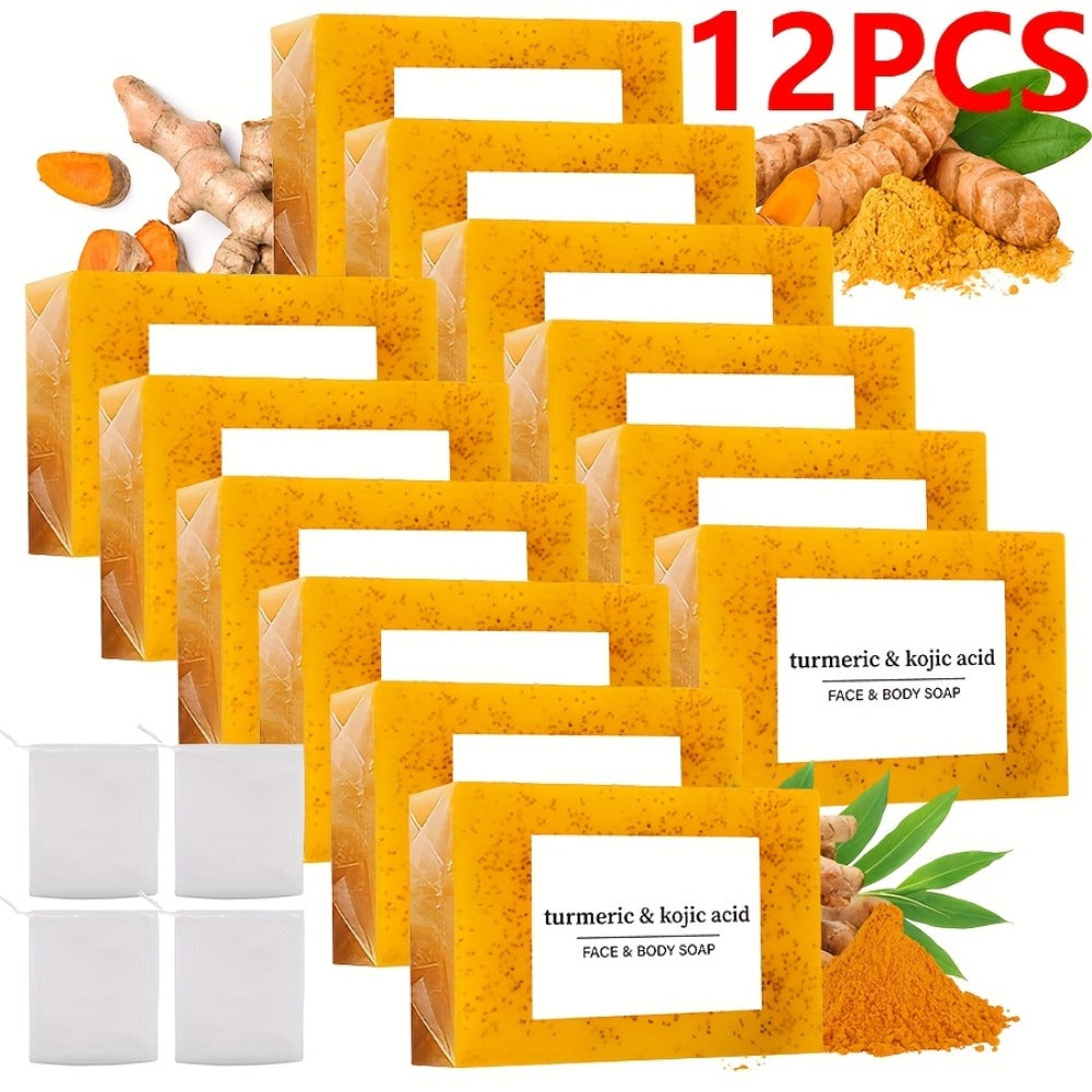 12*100G Turmeric Kojic Acid Soaps with 4 Bubble Nets - Ginger, Lemon & Kojic Acid for Skin, Handmade & Moisturizing, Gentle & Non-Irritating, Ideal Gift, Travel-Ready, Unisex