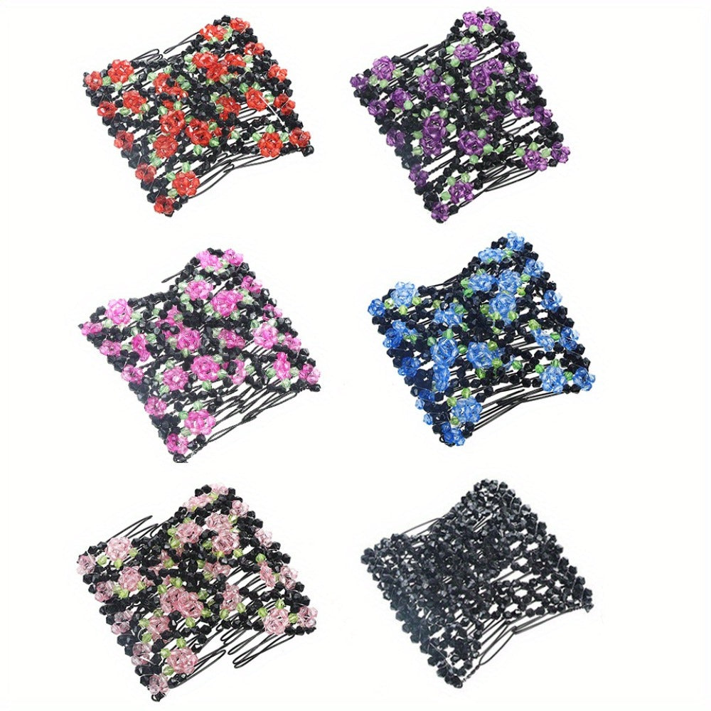 6pcs Multi Piece Set with Versatile Magic, Durable Imitation Flower Beaded Hair Accessories, Hair Combs And Hairpins, Multi Functional Ball Head Disc Hair Device, Elegant Versatile Double Row Comb Set, Suitable for Daily Life