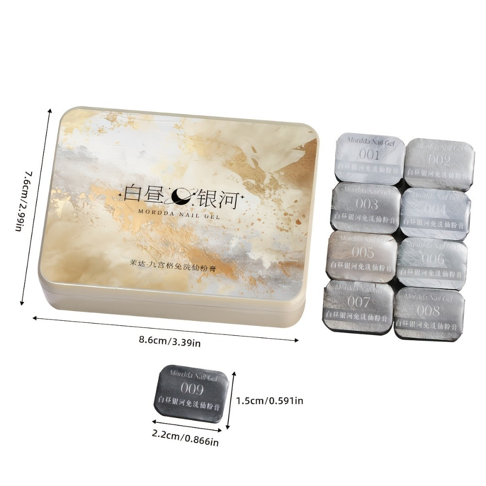 Fairy Powder Nail Art Gel Set 9 Colors - Nine-Grid Special Effect Milky Way Galaxy Gel Polish Alcohol Free UV LED Soak Off - Long Lasting Glitter Nail Gel for Salon & Home DIY Women