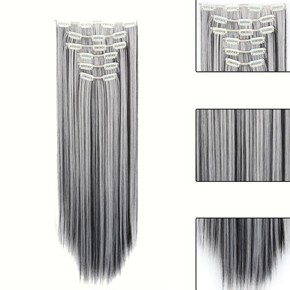 Gray Hair Clip Extensions 6 Piece Set 24 Inch Heat Resistant Synthetic Fiber Space Gray Clip In Hair Extensions for Women Daily Wear Halloween Costume