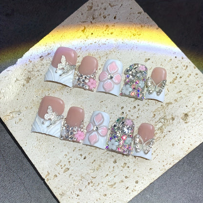 False Nails Short Duckbill White French – Golden Glitter Butterfly & Hand-Carved Flower | Gorgeous Handmade Nail Art for Wedding, Party & Daily Wear, 10pcs S/M/L