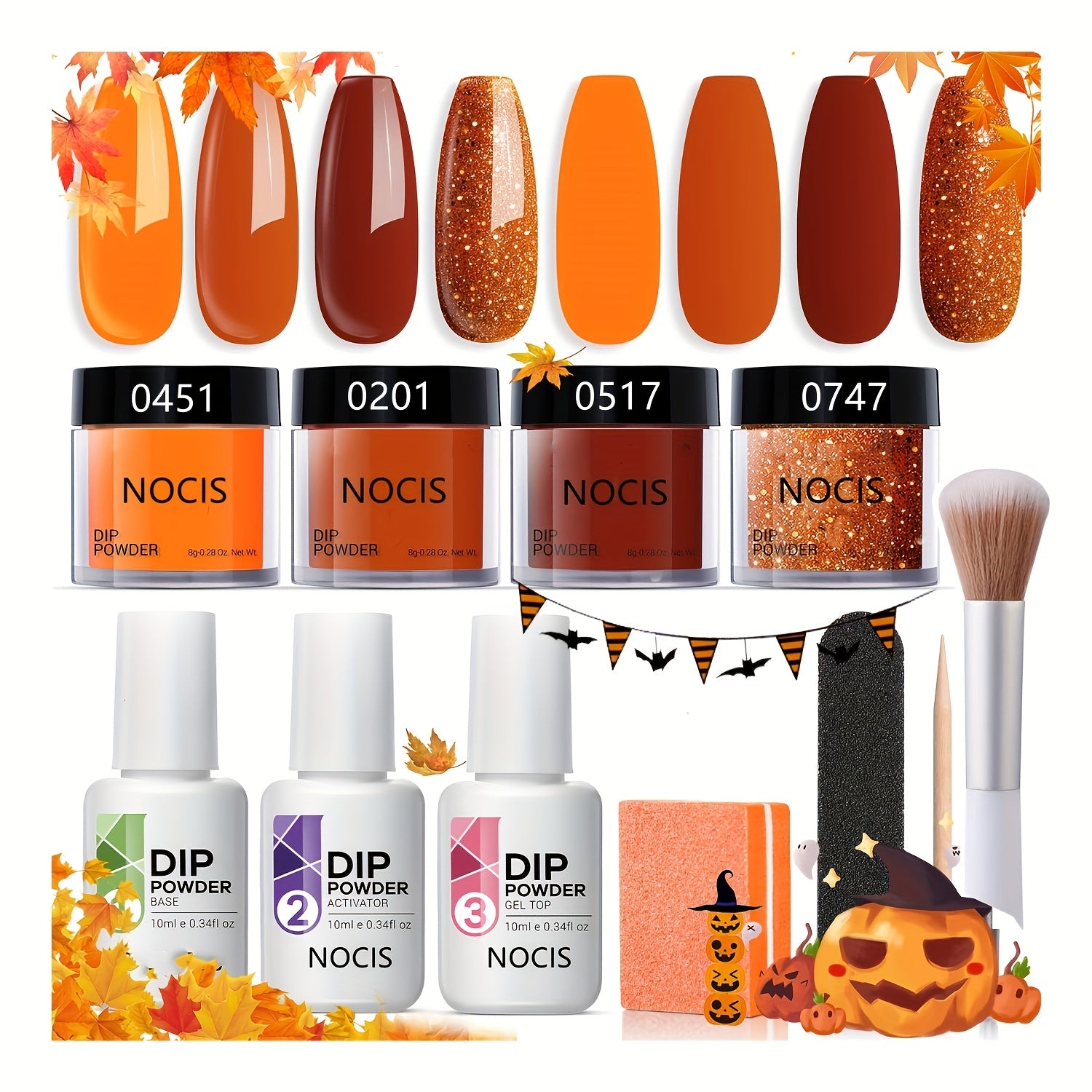 NOCIS Dip Nails Starter Kit! Create hauntingly beautiful Halloween nail art with ease. Kit includes Nail Sticks, Base/Top Coat, Activator, and Essential Liquids for a DIY salon manicure. Get ready for a fang-tastic Halloween!