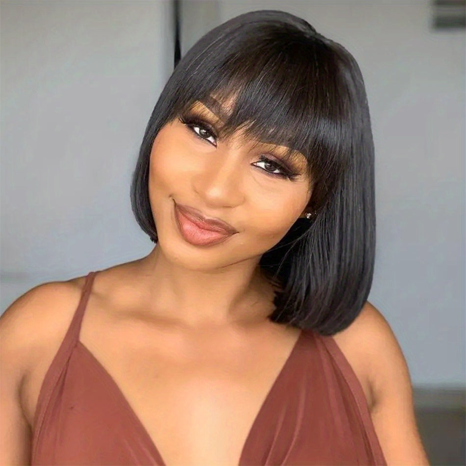 Human Hair Wig Short Bob Straight with Bangs Brazilian 200% Density Glueless Full Machine Made for Women Black 8 10 12 16 Inch Natural Hairline