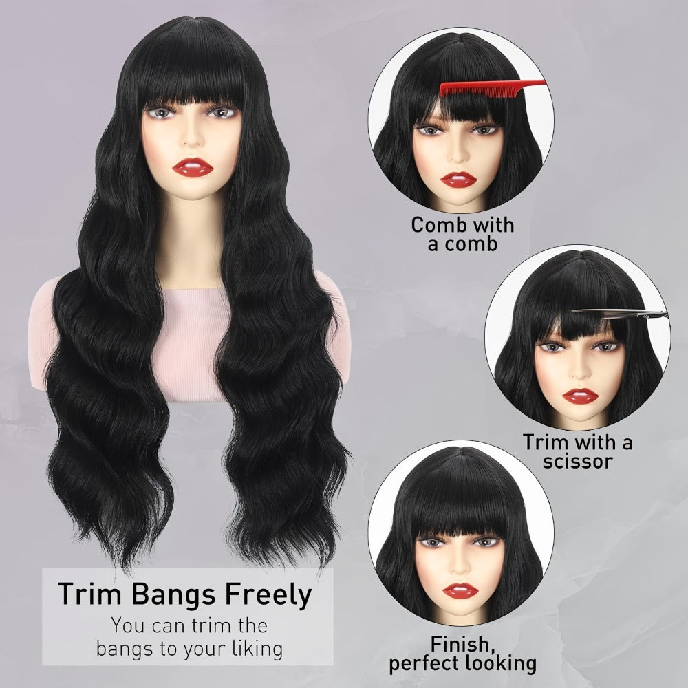 Long Body Wave Wig with Bangs Synthetic Black 28 Inch Heat Resistant Buckle Net Cap Natural Look Women Daily Wear Holiday Party Elegant