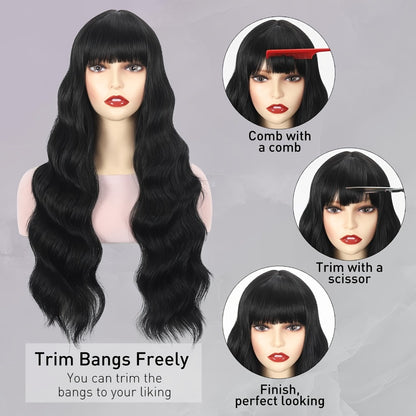 Long Body Wave Wig with Bangs Synthetic Black 28 Inch Heat Resistant Buckle Net Cap Natural Look Women Daily Wear Holiday Party Elegant