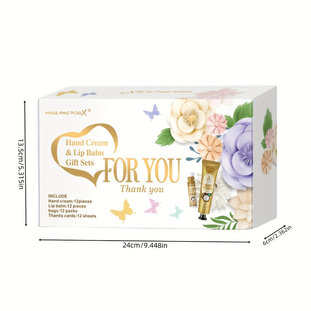 48pcs/Sets Hand Cream & Lip Balm Gift Sets - Perfect For Wedding, Friend Gatherings, Or As A Party Favor! Includes 12pcs Hand Cream, 12pcs Lip Balm, 12pcs White Heart-Shaped Hot Stamping Yarn Bags, And 12pcs Thank You Cards. Mother'S Day Gift