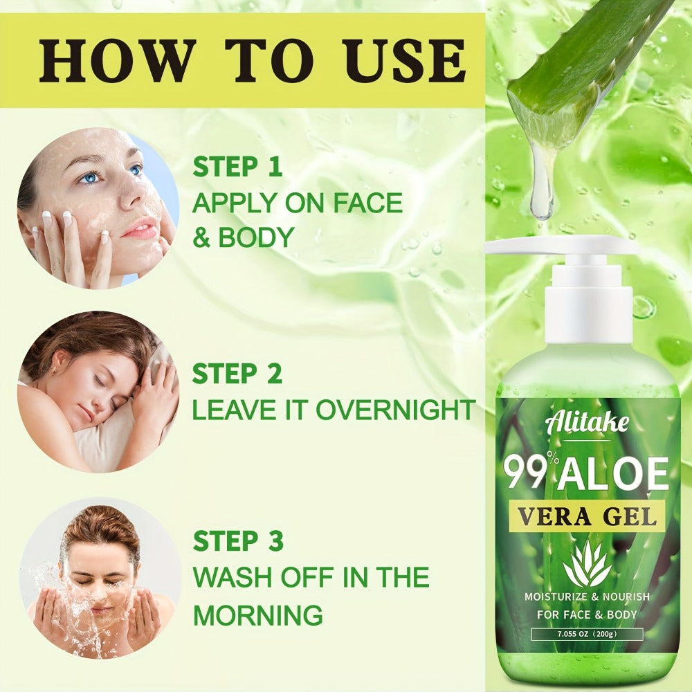 Alitake 99% Aloe Vera Gel Made Within 12 Hours Of Harvest - Lightweight, Non-Sticky Aloe Gel for Face Body, Hair, & Scalp, Natural, Hydrating Aloe Gel, 7oz.local Warehouse, The Perfect Gift, Gift for Mom.