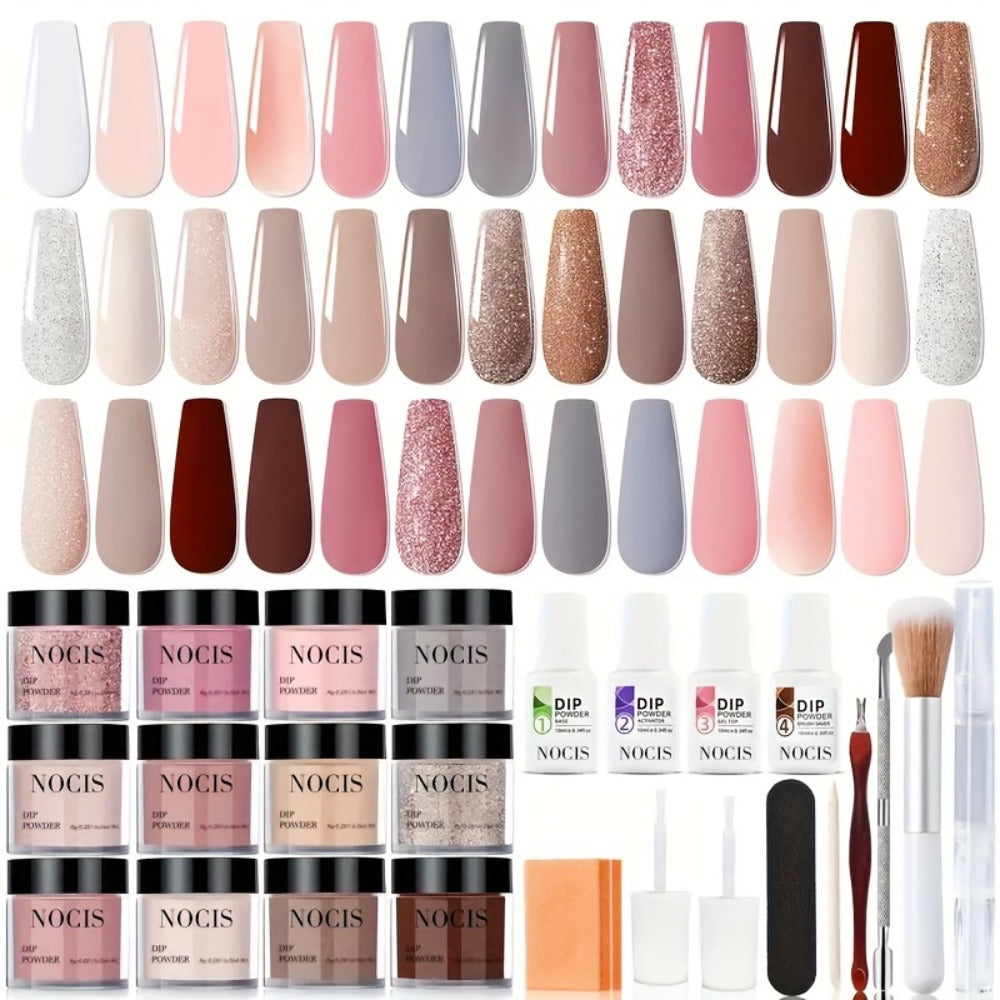 NOCIS 33pcs Impregnation Powder Nail Art Kit - Dip Manicure Kit with 20 pink purple brown Glittering Colors, Top/Primer Activator, and French Style Nail DIY Essentials for Salon-Quality Results at Home - Perfect Gift for Girls