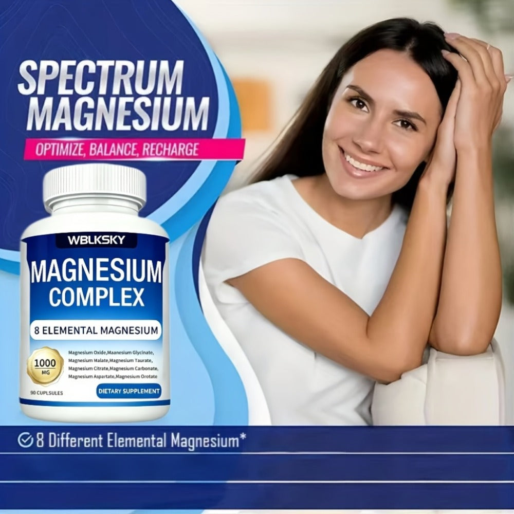 Magnesium Complex Supplement Capsules, Magnesium Glycinate, Compound Magnesium, 1000mg Per Capsule - 8 Forms Of Elemental Magnesium(Glycinate, Citrate, Malate, Orotate, Taurate, Aspartate, Oxide, Carbonate), Helps Improve Mood And Sleep(2 Bottles)
