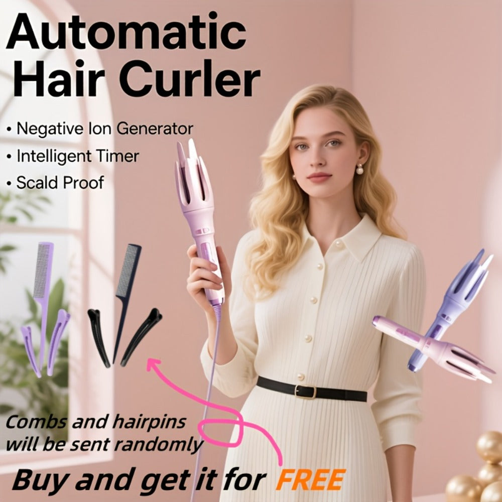 Automatic Rotating Curling Iron 4 Temperature Settings Negative Ion Ceramic Barrel Anti-Tangle Auto Shut-Off Dual Voltage 110-240V Fast Heat 30s Beginner-Friendly Gift for Women