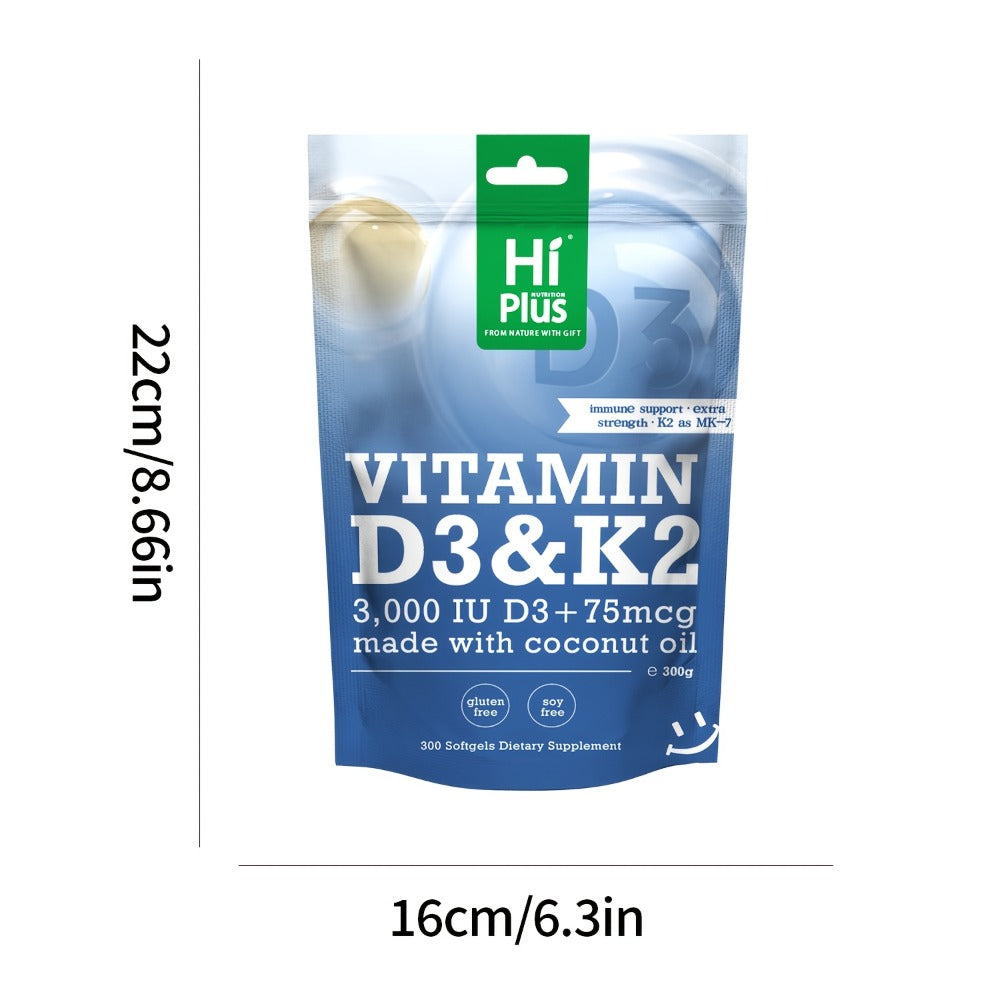 Vitamin D3 3000 IU And K2 (MK-7) 75Mcg Softgels | 300 Virgin Coconut Oil Capsules | Supports Calcium Absorption, Bone, Immune, And Heart Health | Easy to Swallow