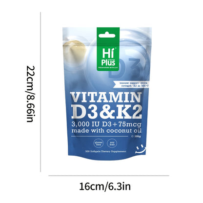 Vitamin D3 3000 IU K2 MK-7 75mcg 300 Softgels with Virgin Coconut Oil Calcium Absorption Bone Immune Heart Health Double Strength Daily Supplement Easy Swallow