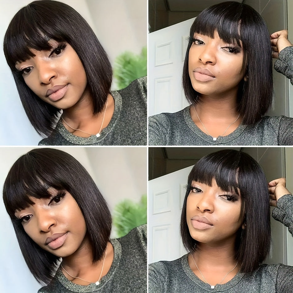 Straight Short Bob Human Hair Wigs with Bangs Brazilian Black Full Machine Made Glueless Wigs with Fringe 200% Density Wigs for Women Human Hair