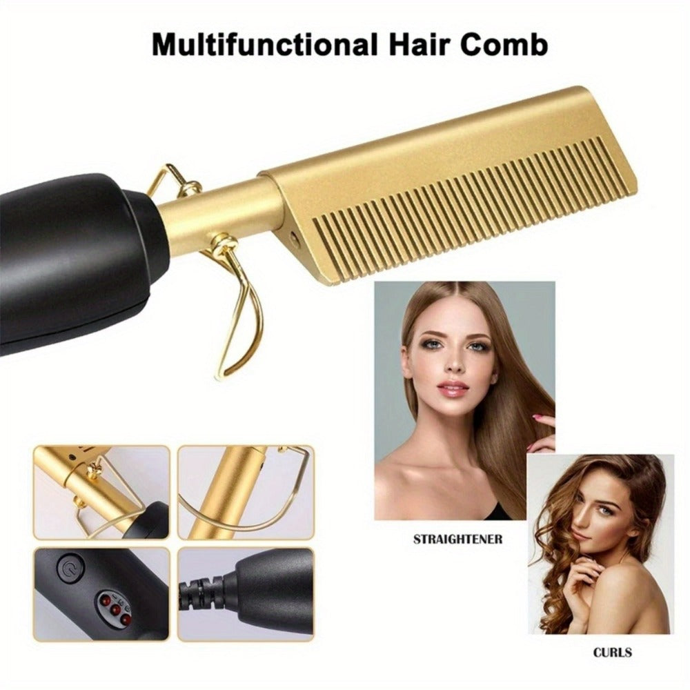 Hot Comb Hair Straightener, Electric Comb, Portable Travel Anti-Burn Beard Straightener Press Comb Ceramic Curler Flat Curler