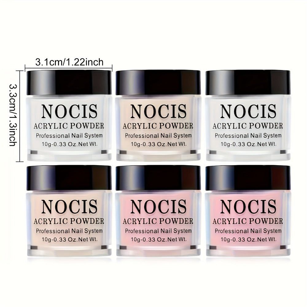 Set of 6 Acrylic Powders in Nude, Pink, And White, Featuring a High-Gloss End. Ideal for Nail Art, This Kit Includes 6 Colors for 3D Nail Sculptures, French Nail Extensions, And Carving. A Professional Polymer Acrylic Nail Art Kit