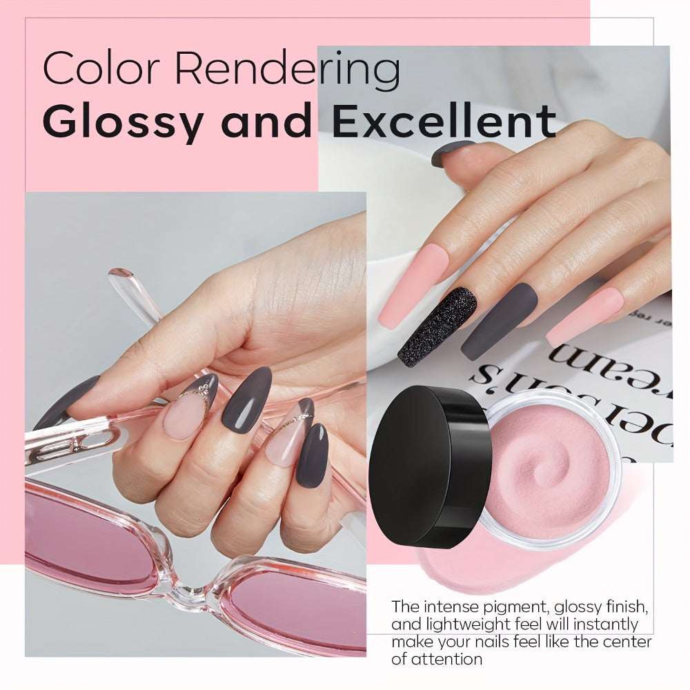 A Starter Kit for Dip Powder Nails Featuring Four Colors: Soft Gray, Pink, Black Glitter, Along with Essential Liquids Including Base And Top Coats, Activator, Perfect for French Nail Art And Salon-Style Manicures