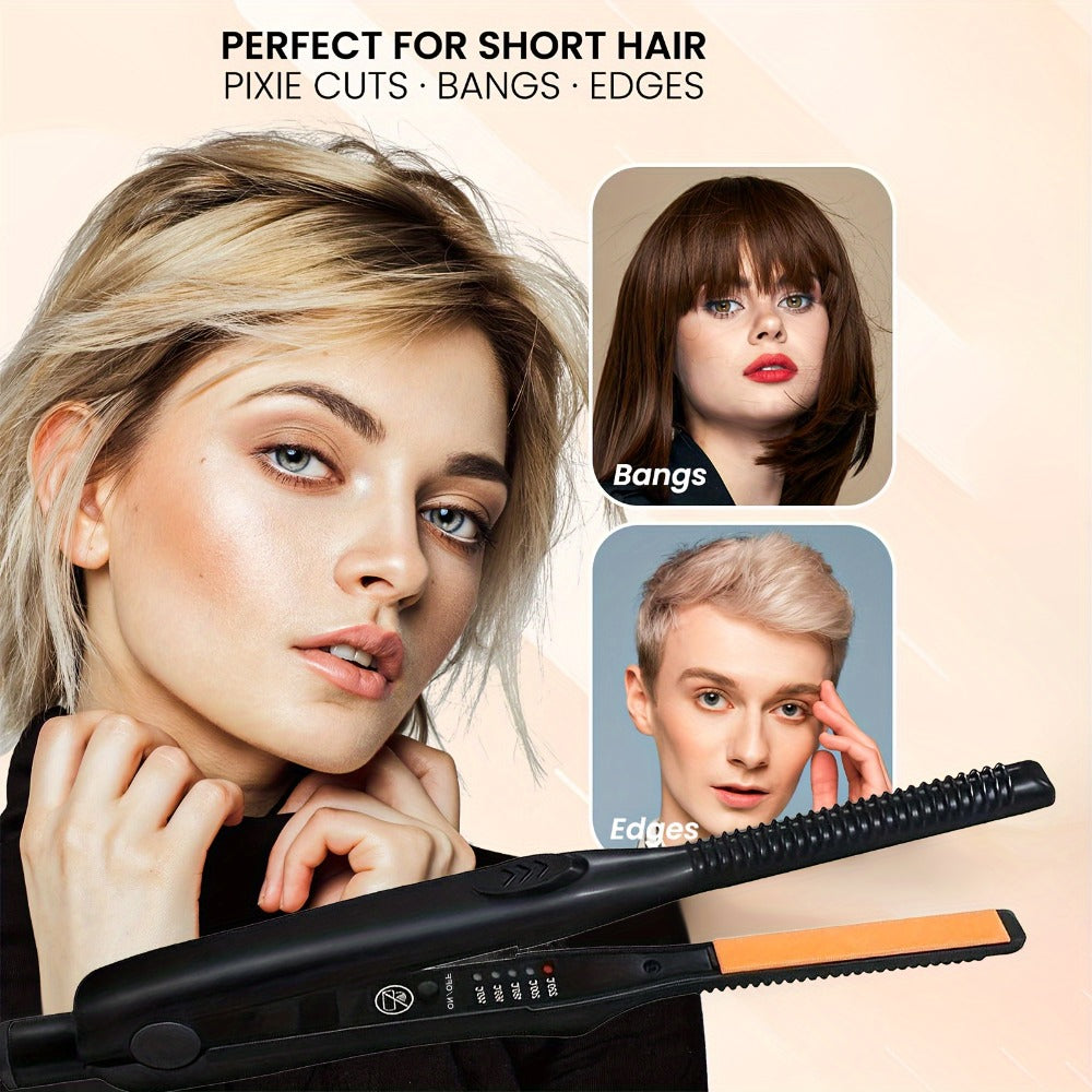Ultra-thin 2-in-1 Hair Straightener Curler, Mini Curling and Straightening Wet and Dry Straightening Iron - Portable Flat Iron for Short Hair and Beard